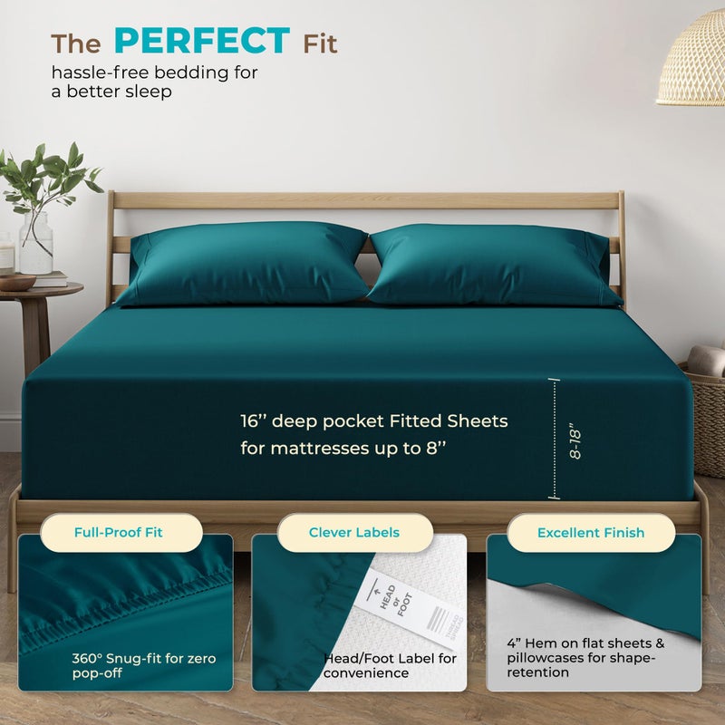 THREAD SPREAD 100% Egyptian Cotton Sheets Queen Size Bed Set - 4 PC 800 High Thread Count Egyptian Cotton Queen Sheet Set (Teal), Soft, Cooling, 16" Deep Pocket Sateen Weave Luxury Hotel Bedsheet - Image 4